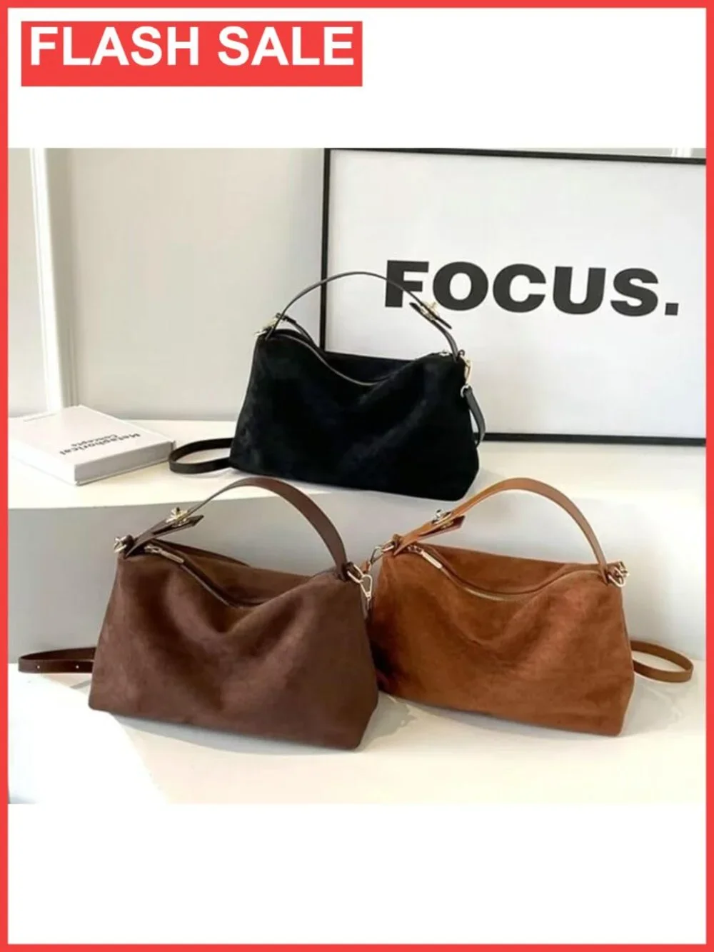 Faux Suede Slouchy Hobo Shoulder Bag Crossbody Satchel Tote Handbag Purse